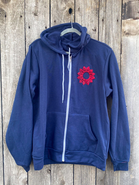 Large Navy Upcycled Donut Doily Phish Zip Up Hoodie - 4 Donuts