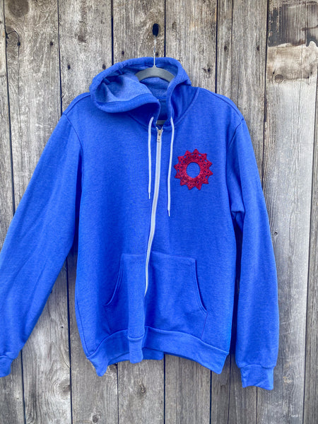 Large Blue Upcycled Donut Doily Phish Zip Up Hoodie - 4 Donuts