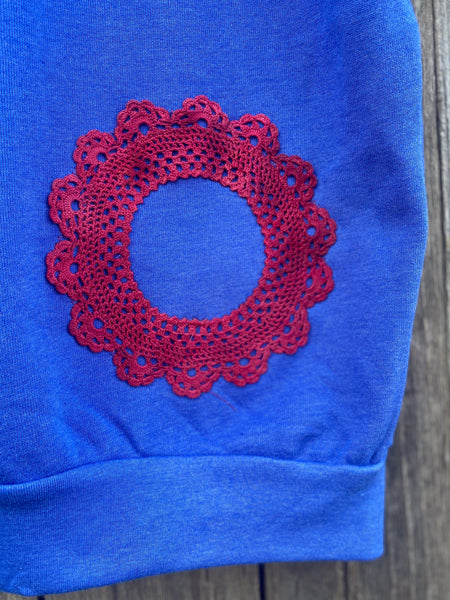 Large Blue Upcycled Donut Doily Phish Zip Up Hoodie - 2 Donuts