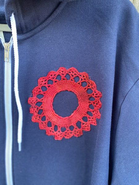 XXXLarge Blue Upcycled Donut Doily Phish Zip Up Hoodie - Front and Back Donut