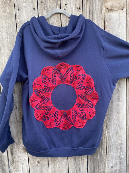 XXXLarge Blue Upcycled Donut Doily Phish Zip Up Hoodie - Front and Back Donut