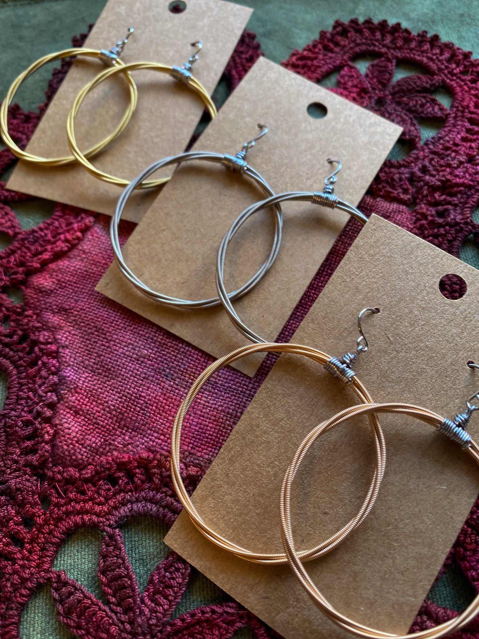 Guitar String Hoop Earrings - Set of 3 Pairs, Silver, Gold and Copper