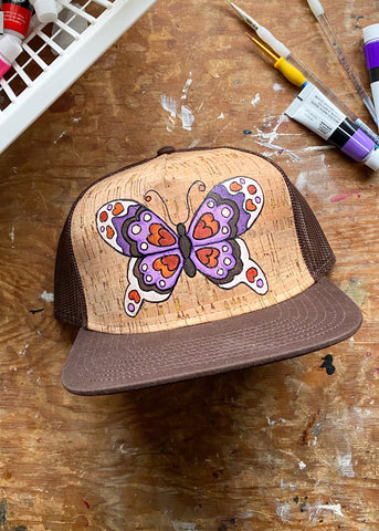 Purples and Cream Butterfly Cork Front Flat Brim Hat