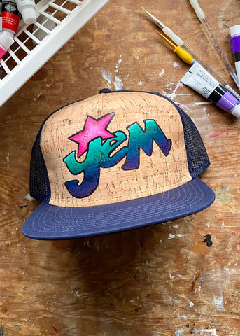 Yem Jem Cork Front Flat Brim Hat Peacock Colors