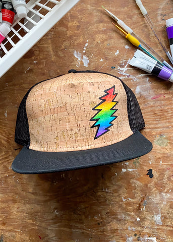 Sparkle Glitter Rainbow 13 Point Bolt Cork Front Flat Brim Hat