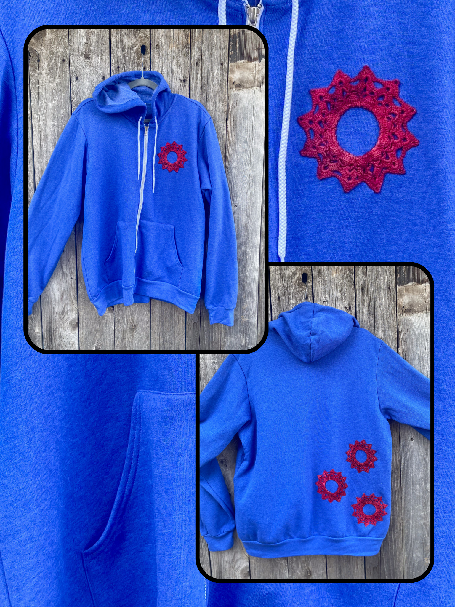 Large Blue Upcycled Donut Doily Phish Zip Up Hoodie - 4 Donuts