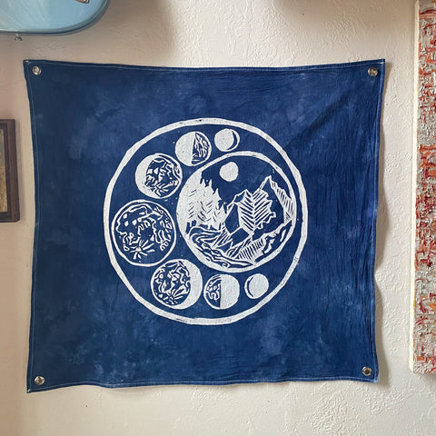 Forest Moon Phase Wall Hanging in Indigo Blue