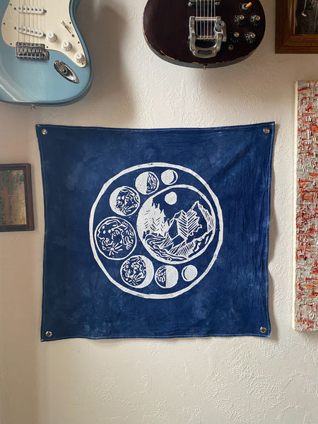 Forest Moon Phase Wall Hanging in Indigo Blue