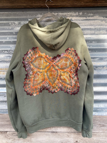 Upcycled Doily Zip Up Hoodie - X Large Forest Green with Amber Doilies